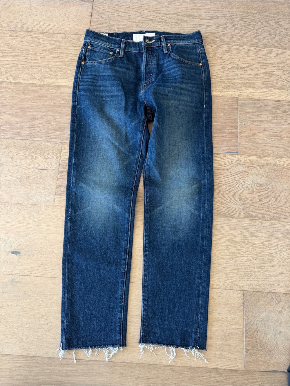 MOTHER Dark Blue Straight Leg Jeans with Frayed Hem